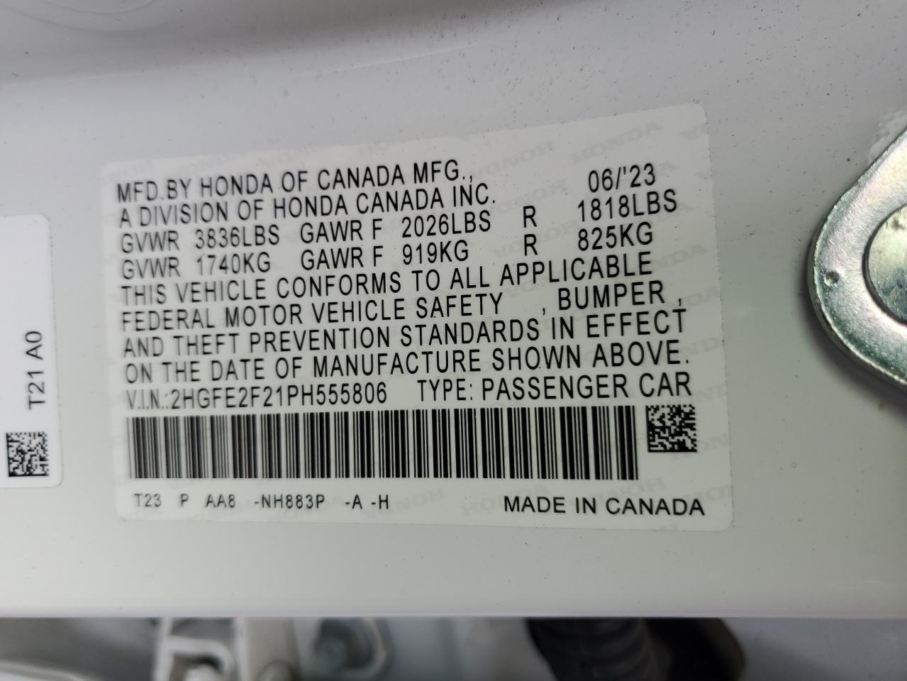 2023 HONDA CIVIC LX VIN:2HGFE2F21PH555806