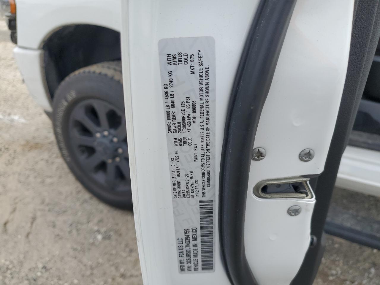 2022 RAM 2500 BIG HORN/LONE STAR VIN:3C6UR5DL7NG394759