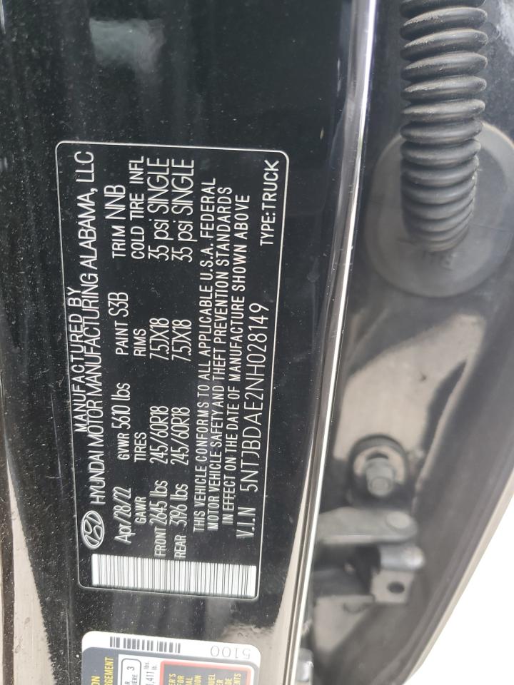 2022 HYUNDAI SANTA CRUZ SEL VIN:5NTJBDAE2NH028149