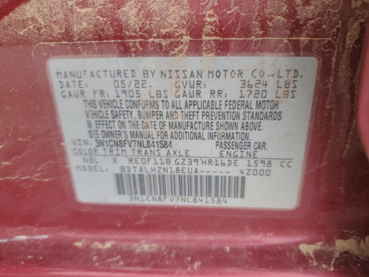 2022 NISSAN VERSA SR VIN:3N1CN8FV7NL841584