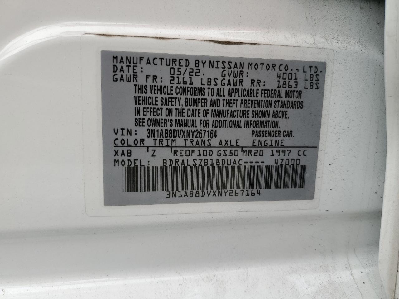 2022 NISSAN SENTRA SR VIN:3N1AB8DVXNY267164