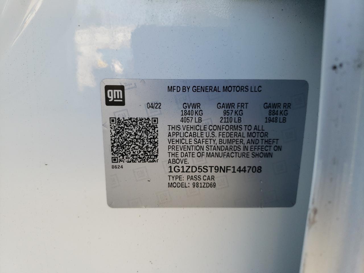 2022 CHEVROLET MALIBU LT VIN:1G1ZD5ST9NF144708