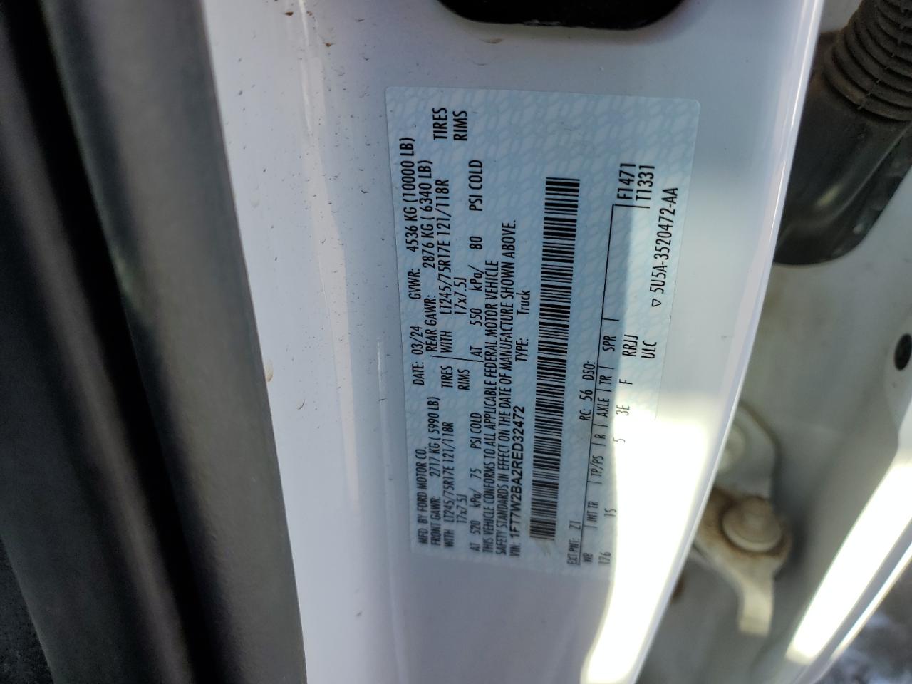 2024 FORD F250 SUPER DUTY VIN:1FT7W2BA2RED32472