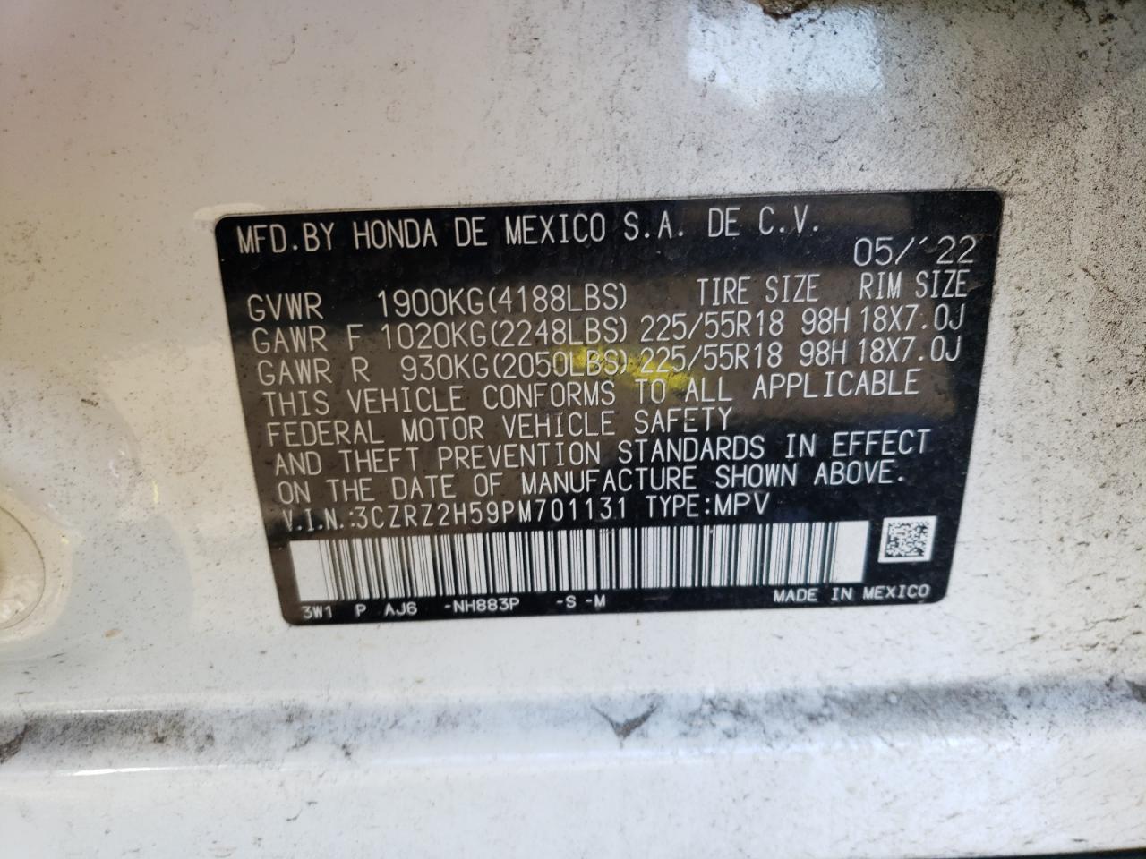 2023 HONDA HR-V SPORT VIN:3CZRZ2H59PM701131