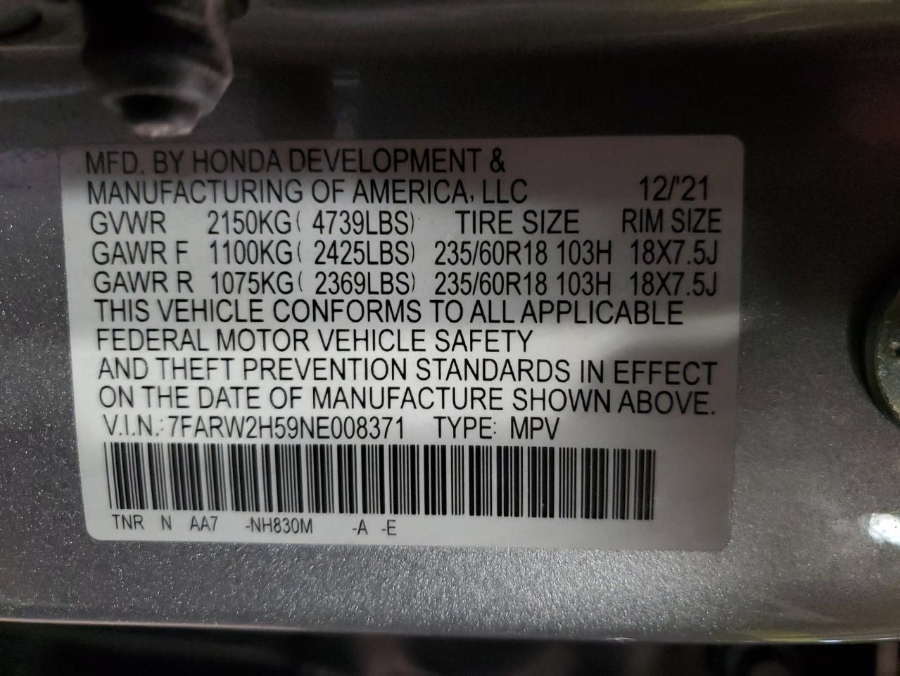2022 HONDA CR-V EX VIN:7FARW2H59NE008371