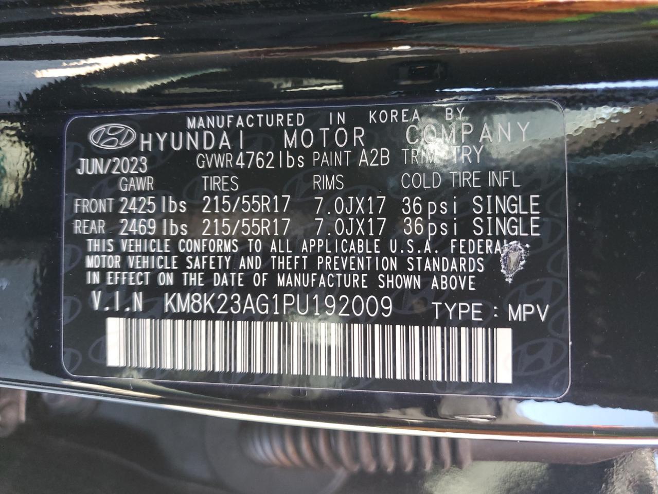 2023 HYUNDAI KONA SE VIN:KM8K23AG1PU192009