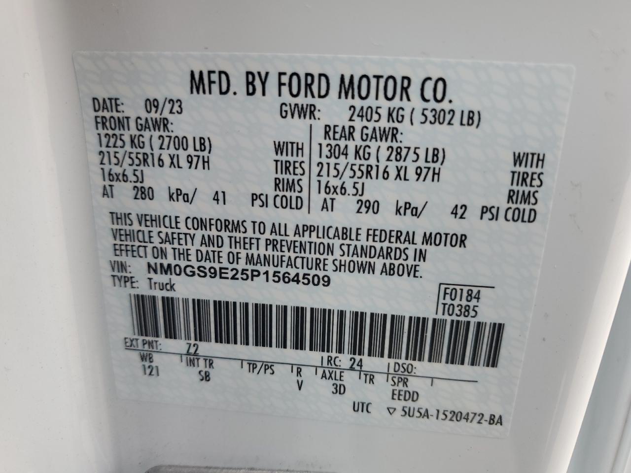 2023 FORD TRANSIT CONNECT XL VIN:NM0GS9E25P1564509