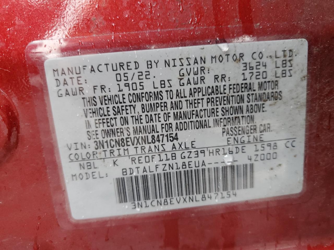 2022 NISSAN VERSA SV VIN:3N1CN8EVXNL847154