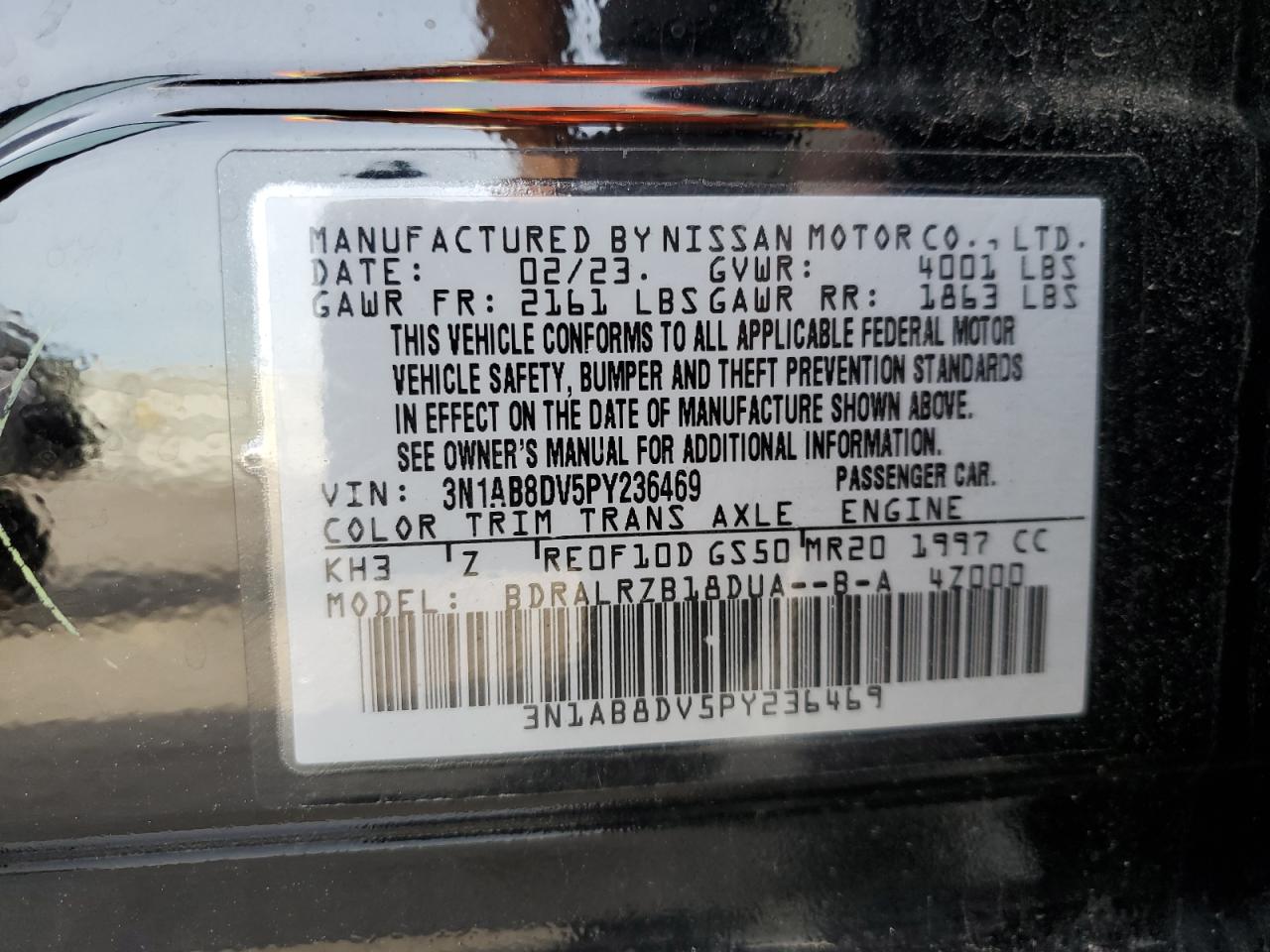 2023 NISSAN SENTRA SR VIN:3N1AB8DV5PY236469