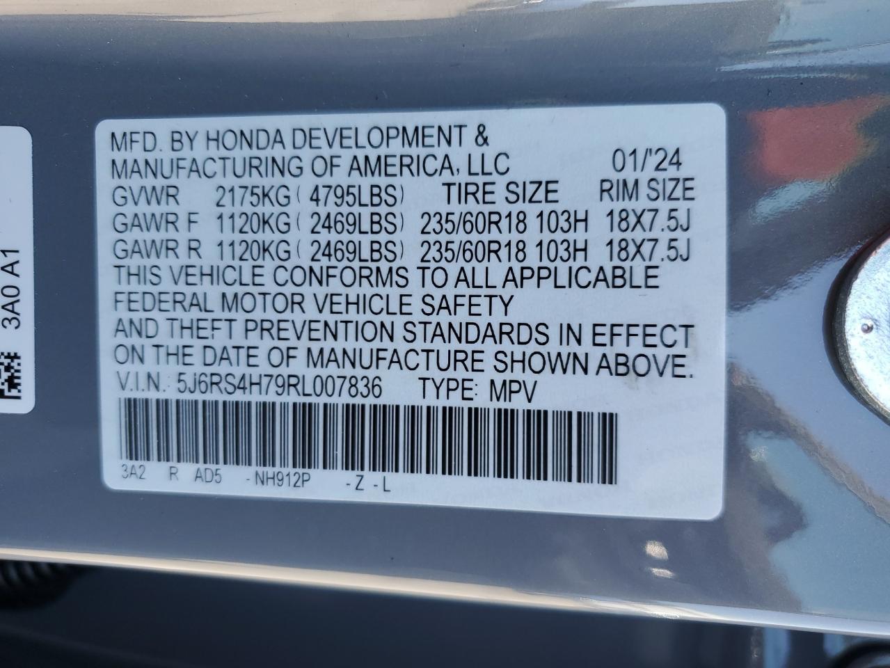 2024 HONDA CR-V EXL VIN:5J6RS4H79RL007836