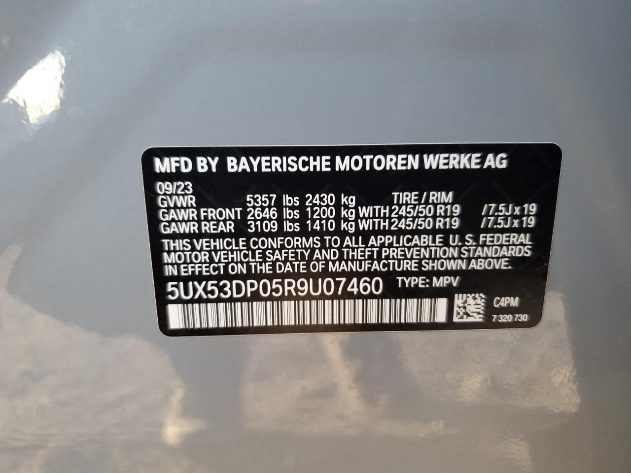 2024 BMW X3 XDRIVE30I VIN:5UX53DP05R9U07460