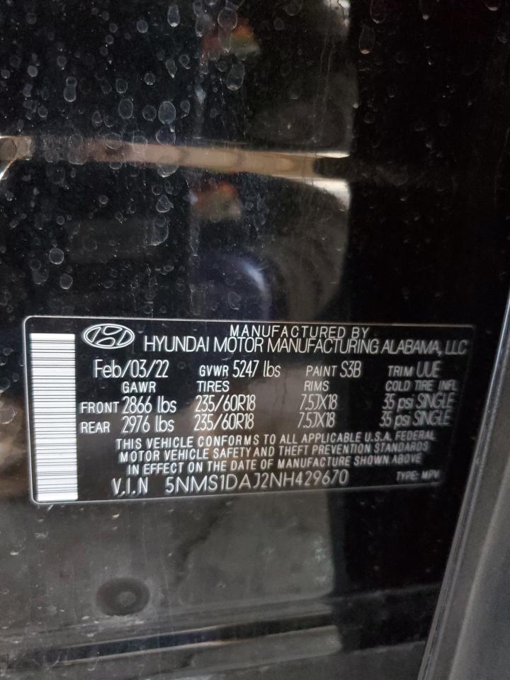 2022 HYUNDAI SANTA FE SE VIN:5NMS1DAJ2NH429670