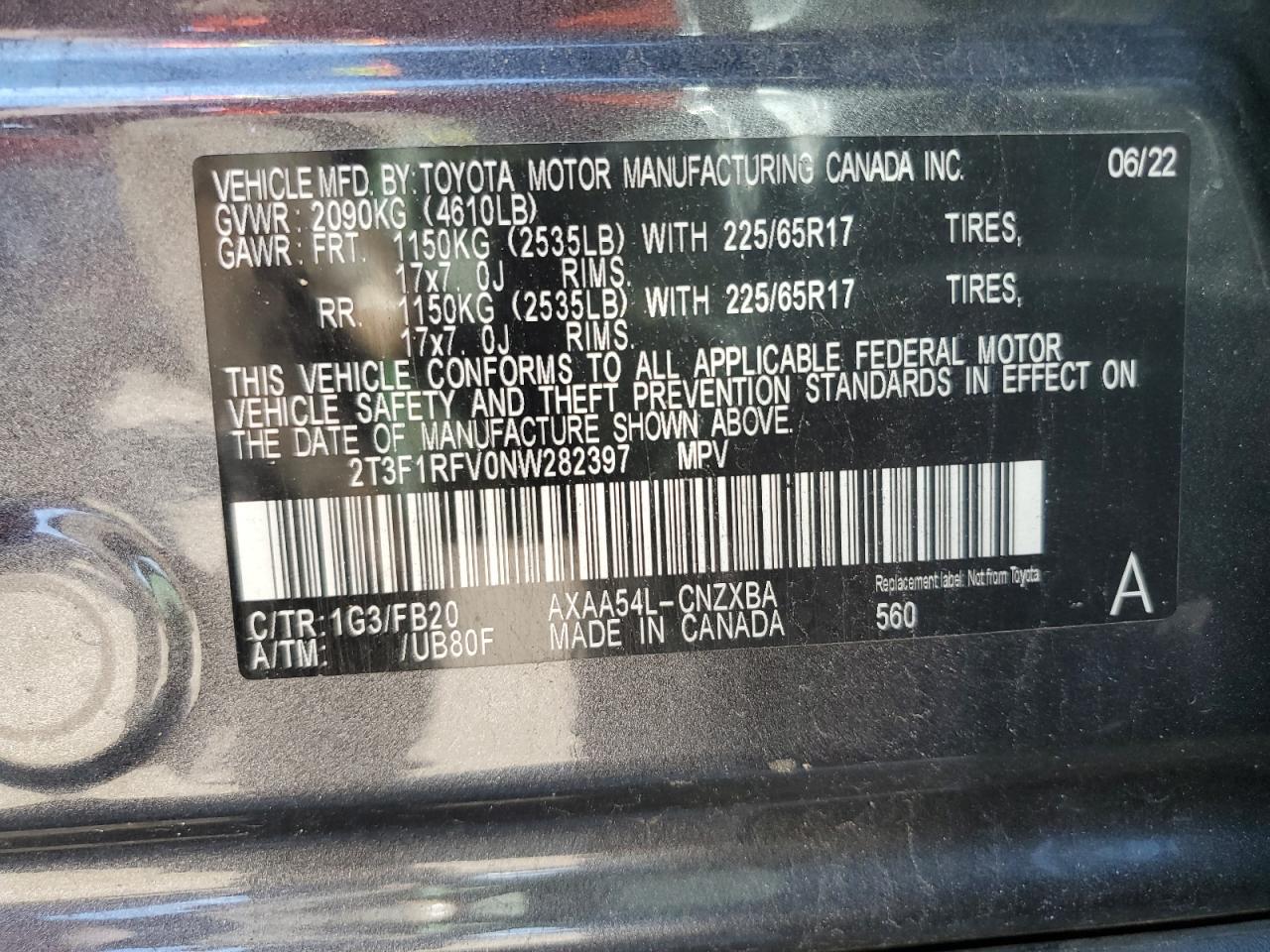 2022 TOYOTA RAV4 LE VIN:2T3F1RFV0NW282397