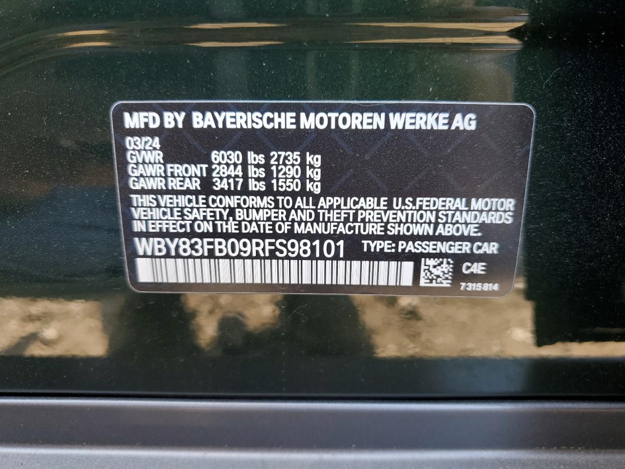 2024 BMW I4 XDRIVE 40 VIN:WBY83FB09RFS98101