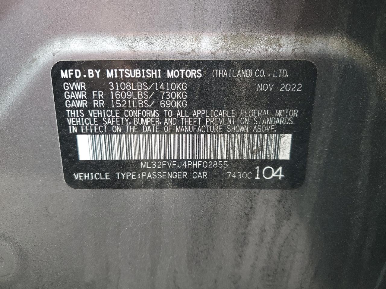 2023 MITSUBISHI MIRAGE G4 SE VIN:ML32FVFJ4PHF02855