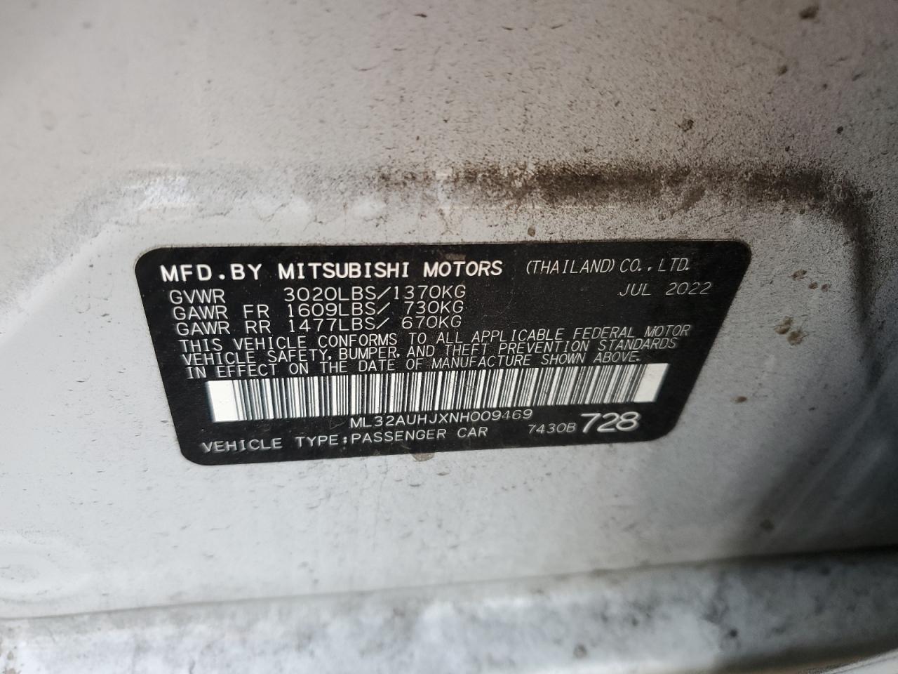 2022 MITSUBISHI MIRAGE ES VIN:ML32AUHJXNH009469