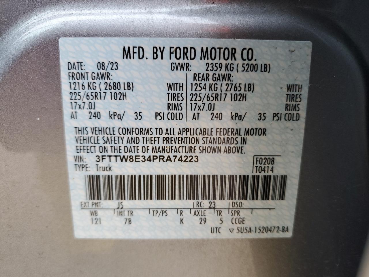 2023 FORD MAVERICK XL VIN:3FTTW8E34PRA74223
