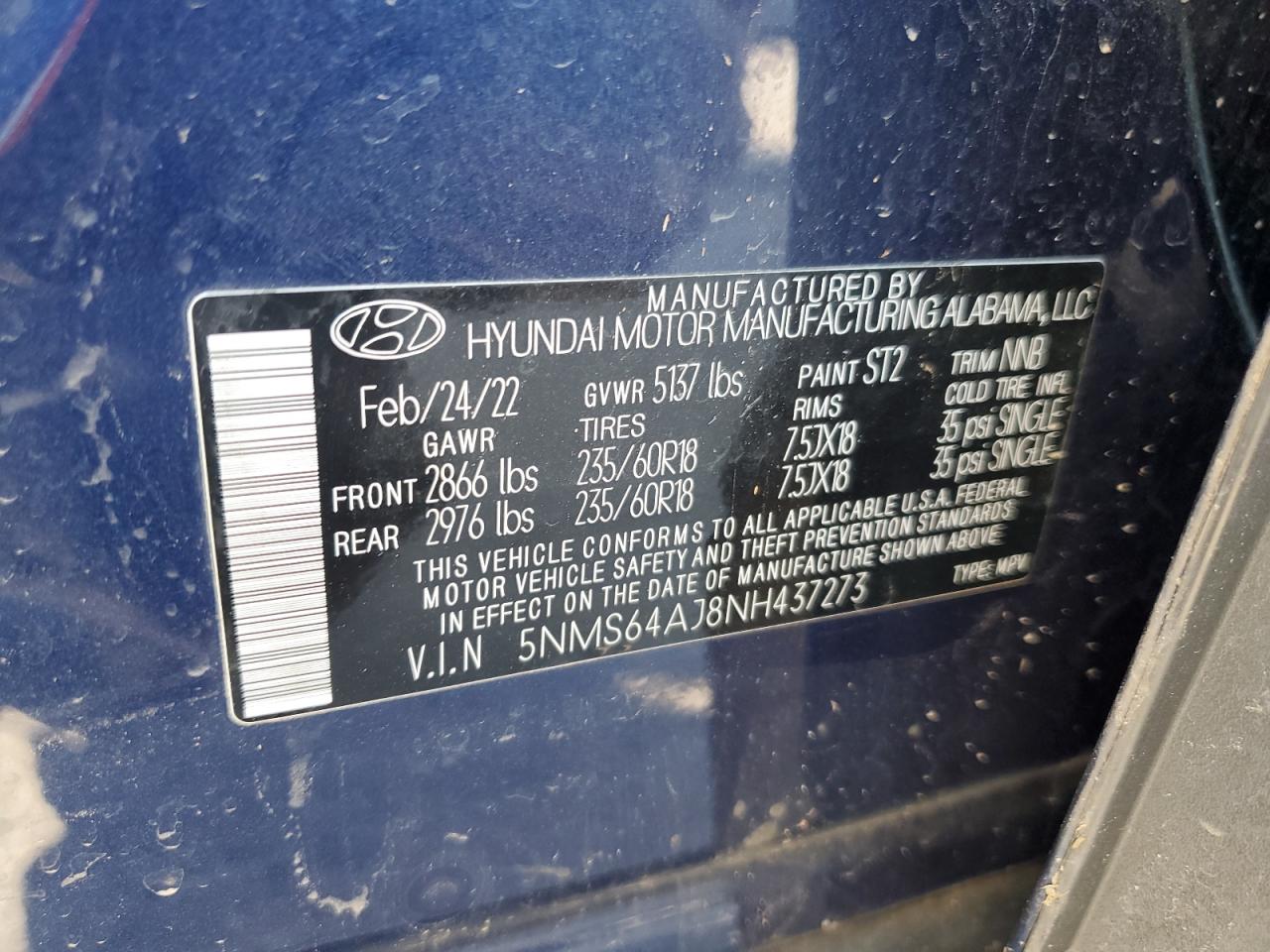 2022 HYUNDAI SANTA FE SEL VIN:5NMS64AJ8NH437273