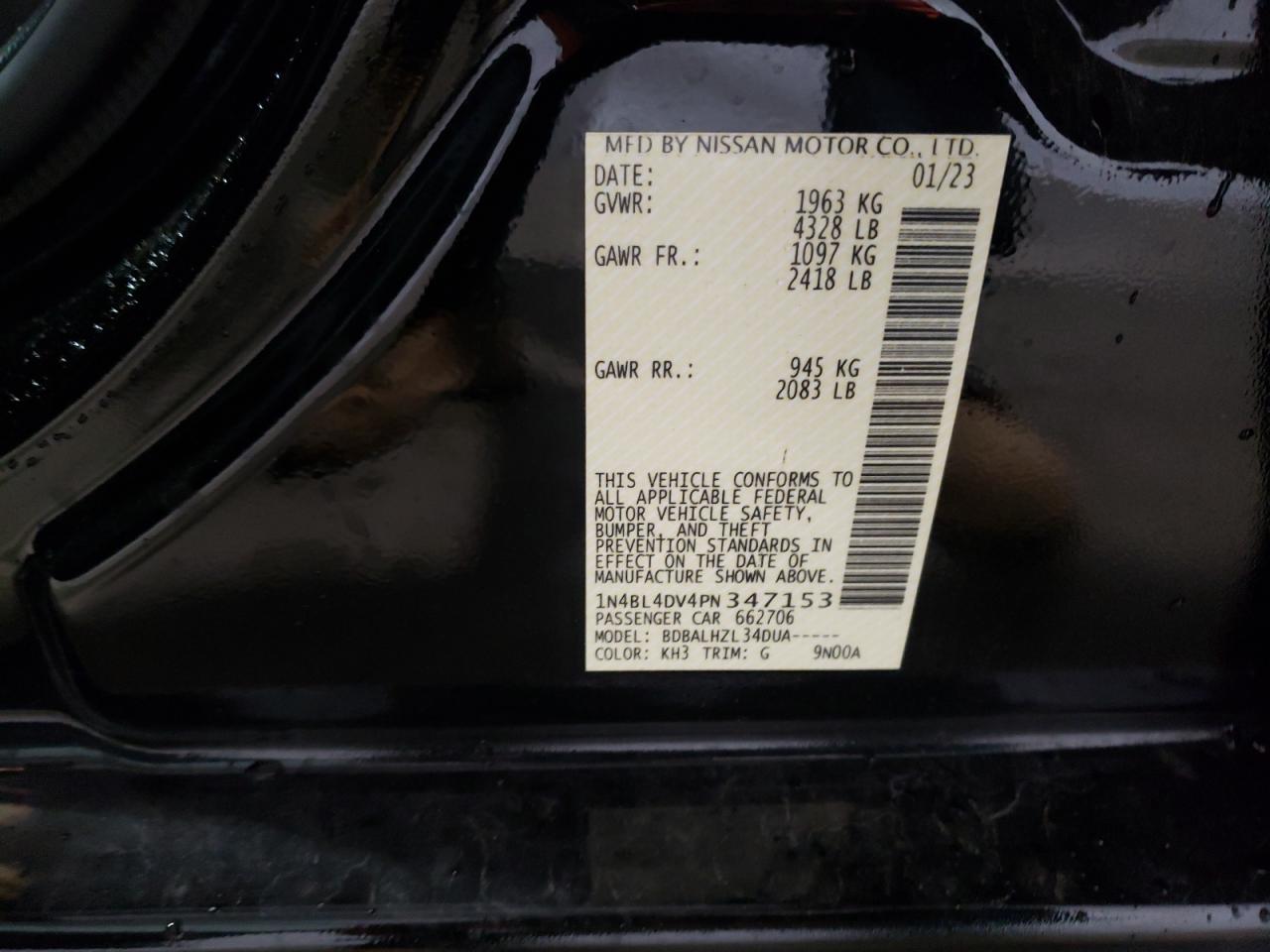 2023 NISSAN ALTIMA SV VIN:1N4BL4DV4PN347153