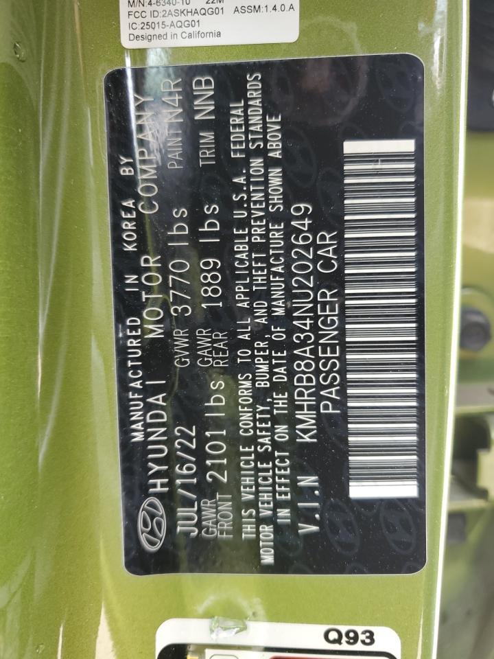 2022 HYUNDAI VENUE SE VIN:KMHRB8A34NU202649