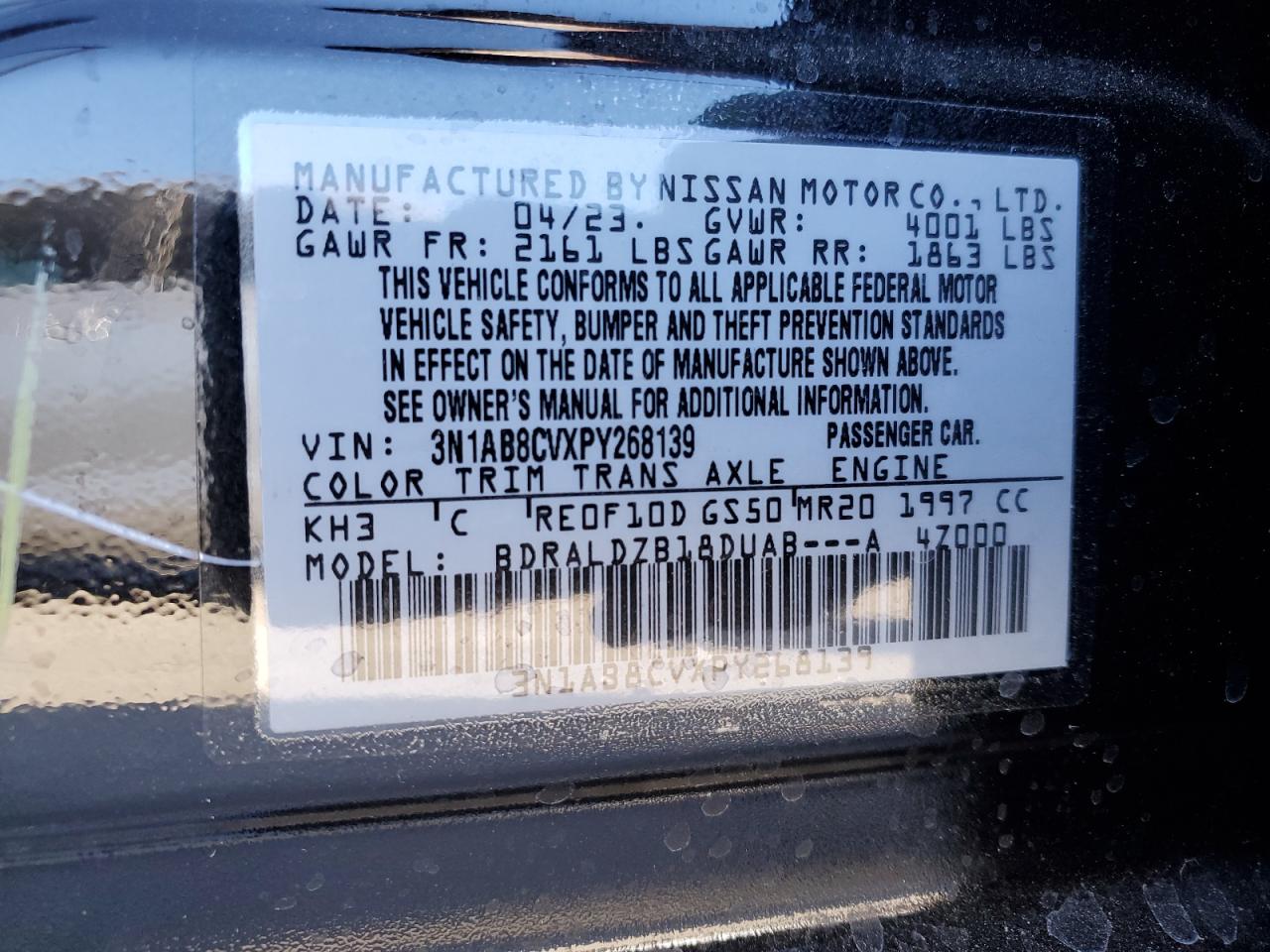 2023 NISSAN SENTRA SV VIN:3N1AB8CVXPY268139