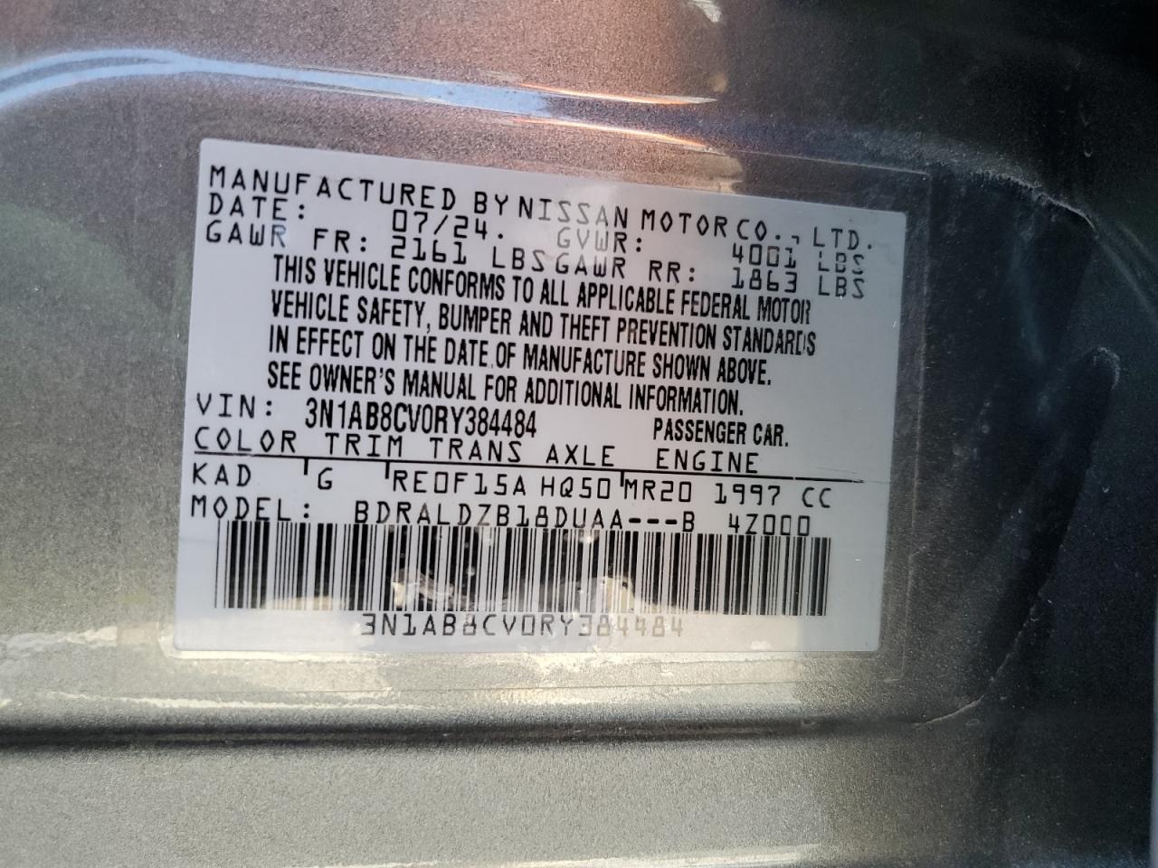 2024 NISSAN SENTRA SV VIN:3N1AB8CV0RY384484