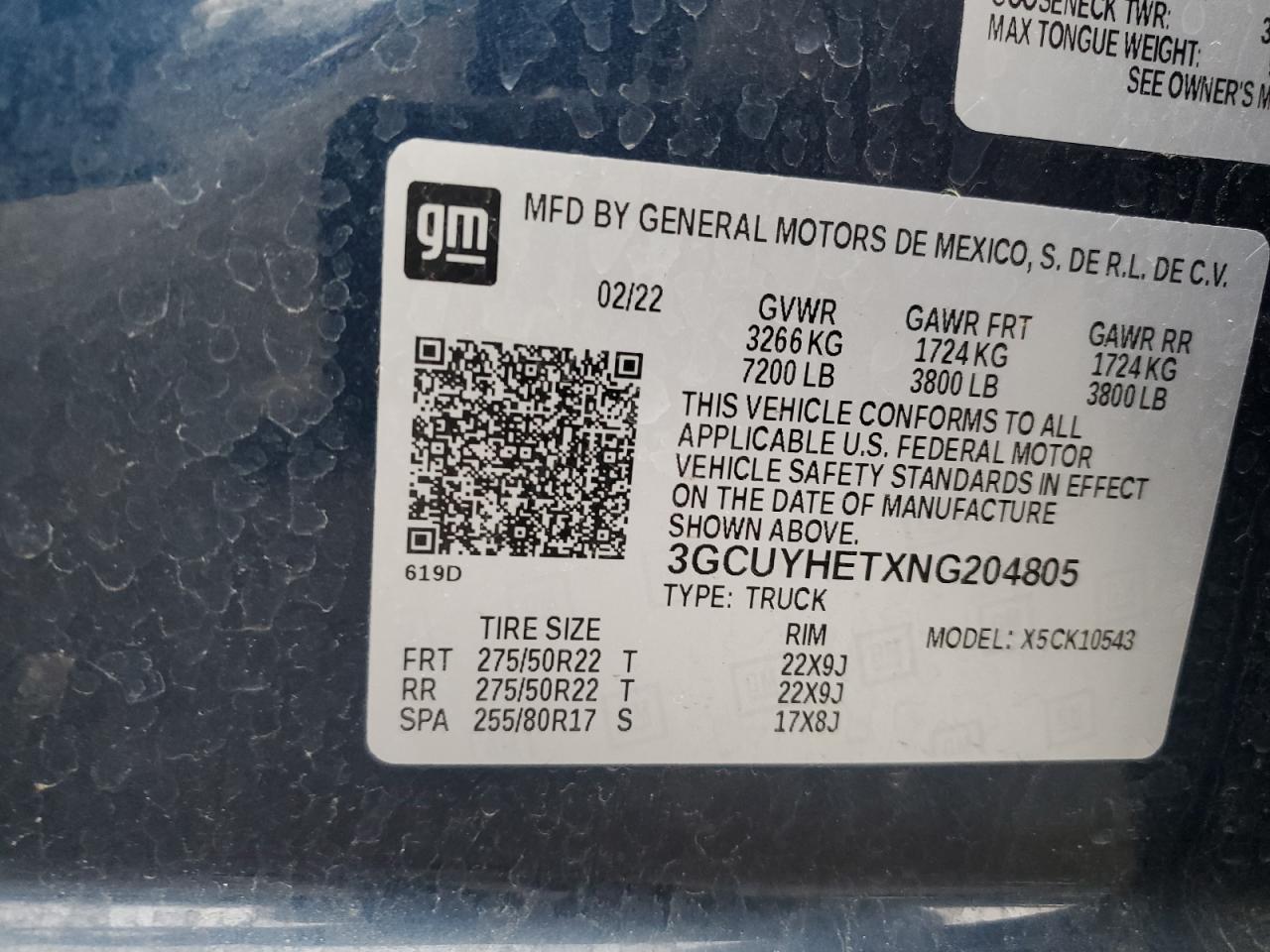 2022 CHEVROLET SILVERADO LTD K1500 HIGH COUNTRY VIN:3GCUYHETXNG204805