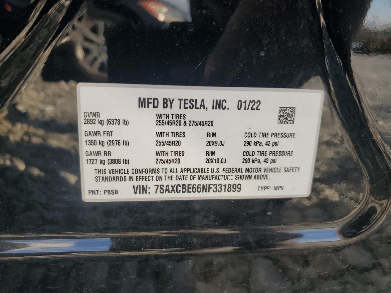 2022 TESLA MODEL X  VIN:7SAXCBE66NF331899
