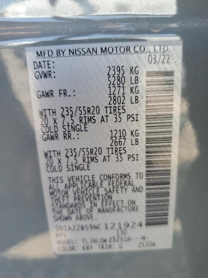 2022 NISSAN MURANO SV VIN:5N1AZ2BS9NC121924