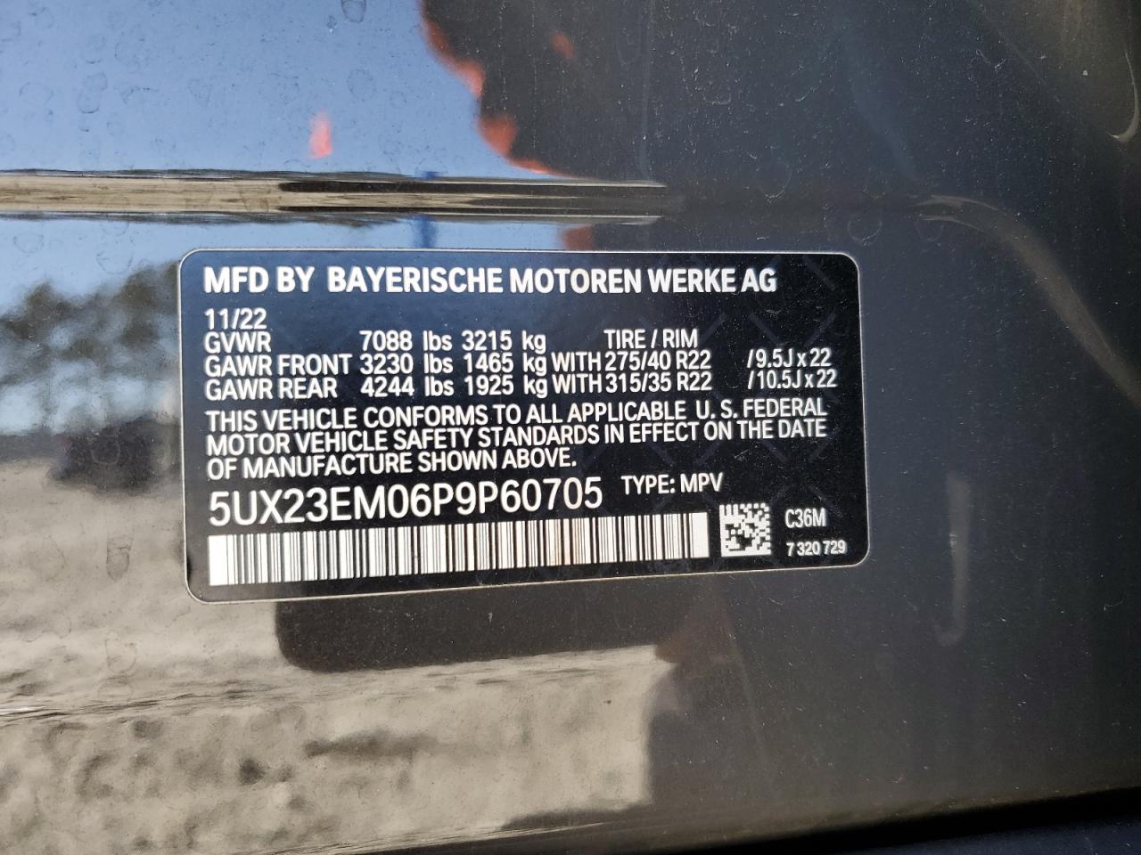 2023 BMW X7 XDRIVE40I VIN:5UX23EM06P9P60705