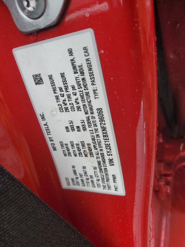 2022 TESLA MODEL 3  VIN:5YJ3E1EBXNF296068