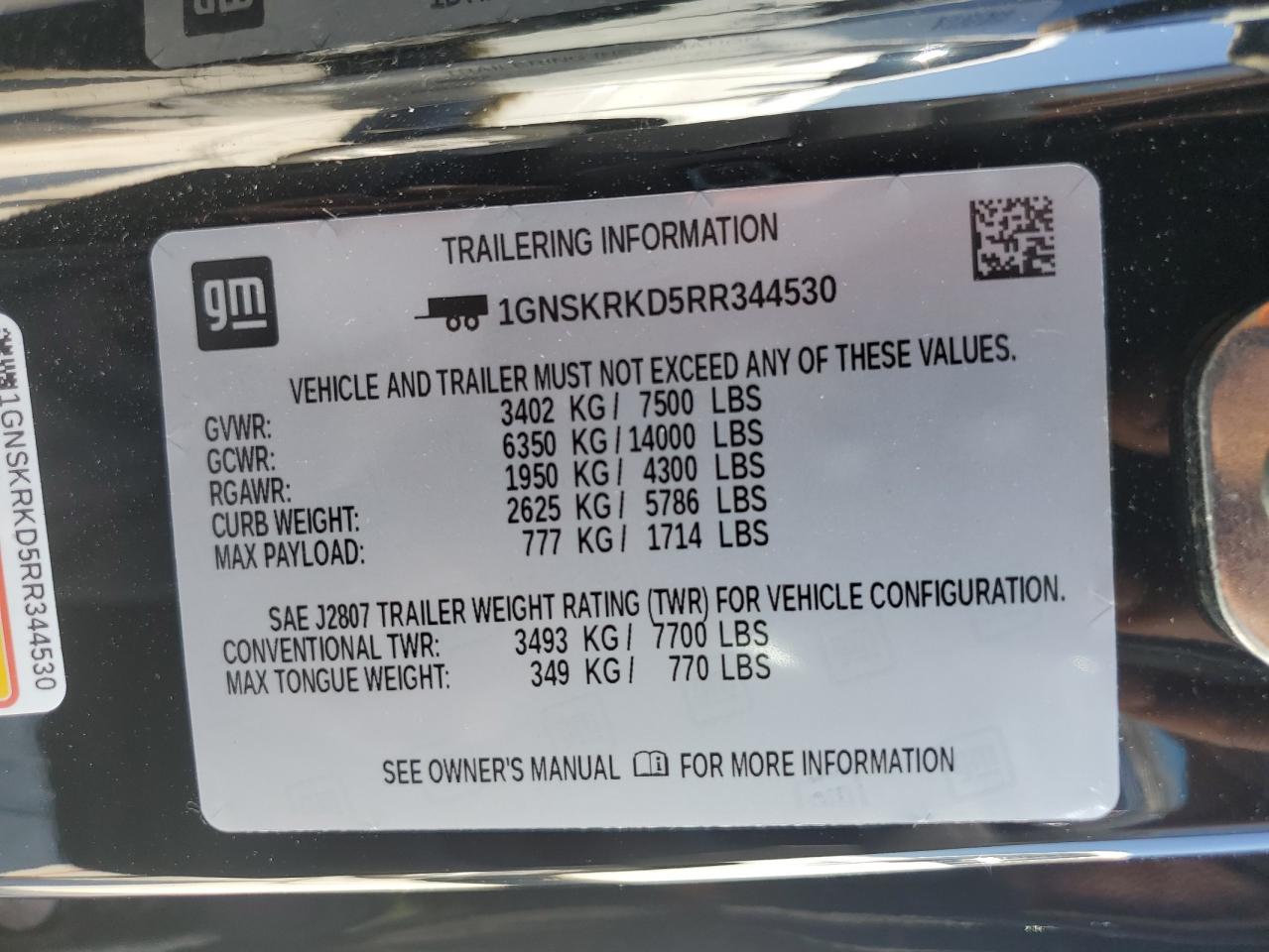 2024 CHEVROLET TAHOE K1500 RST VIN:1GNSKRKD5RR344530