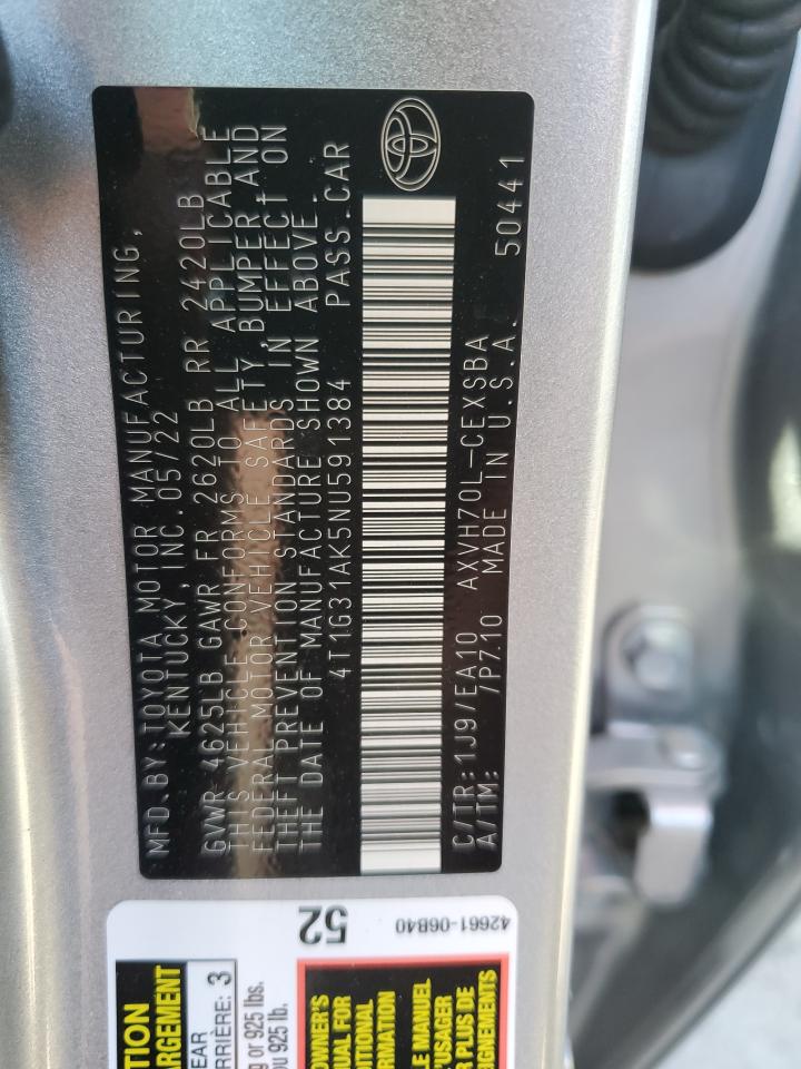 2022 TOYOTA CAMRY NIGHT SHADE VIN:4T1G31AK5NU591384