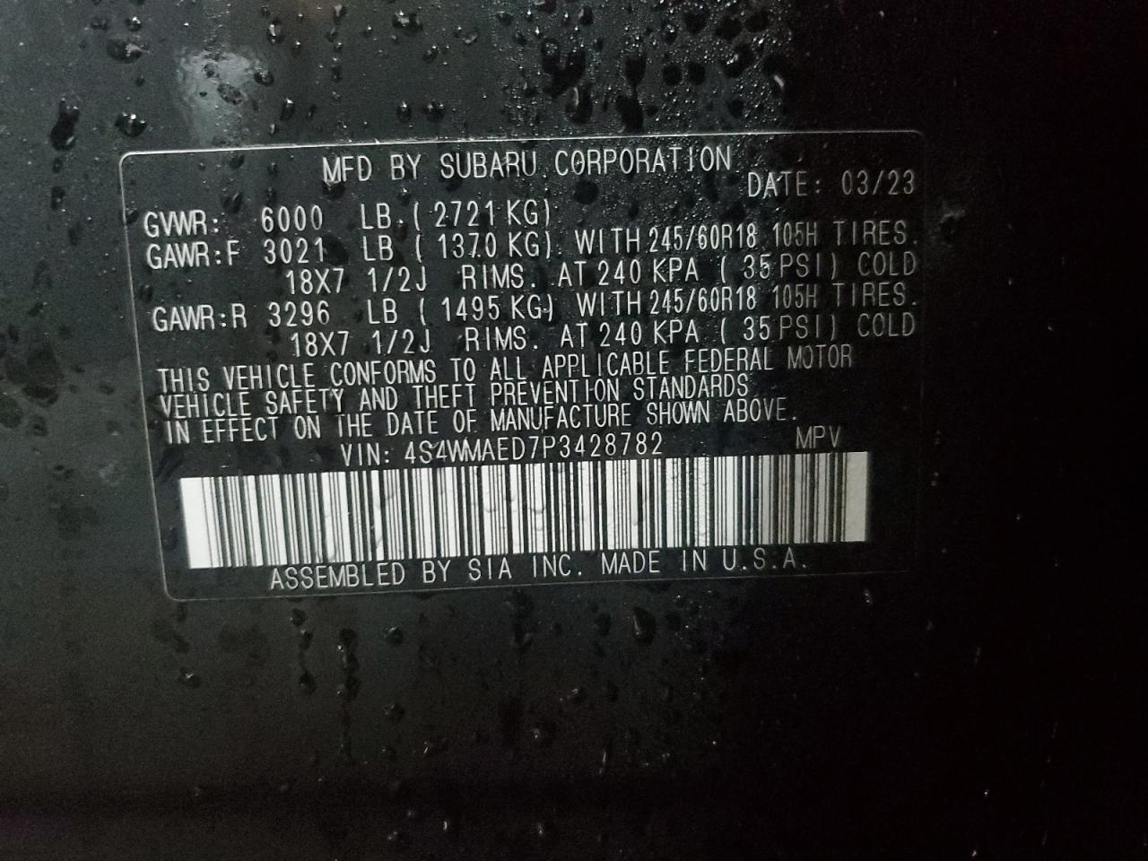 2023 SUBARU ASCENT PREMIUM VIN:4S4WMAED7P3428782