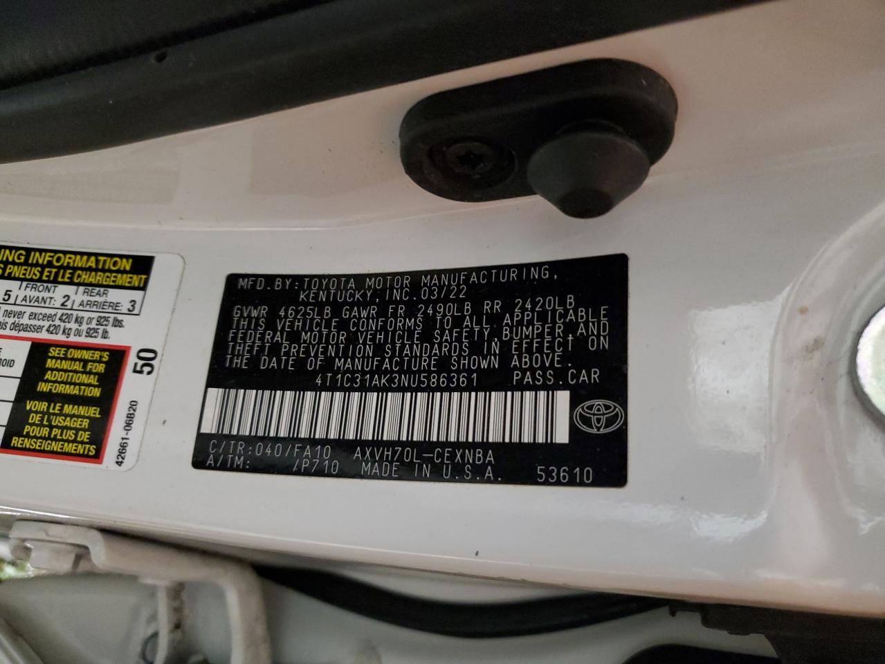 2022 TOYOTA CAMRY LE VIN:4T1C31AK3NU586361