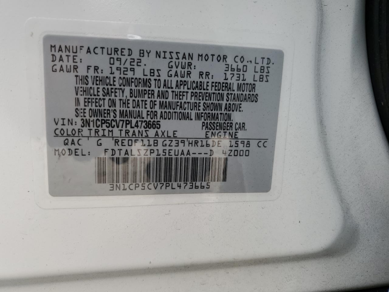 2023 NISSAN KICKS SV VIN:3N1CP5CV7PL473665