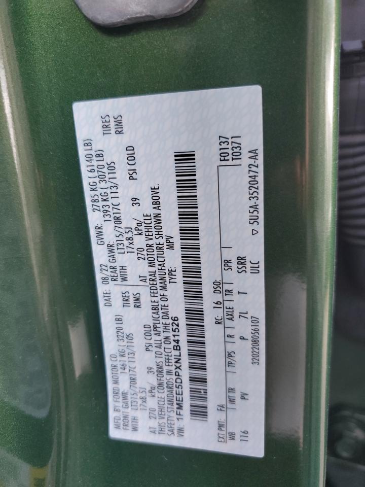2022 FORD BRONCO BASE VIN:1FMEE5DPXNLB41526