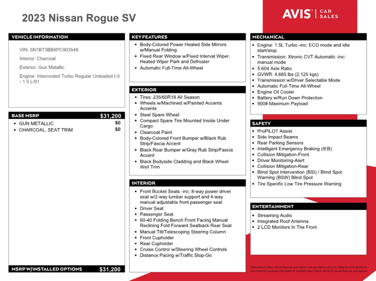 2023 NISSAN ROGUE SV VIN:5N1BT3BB8PC903548