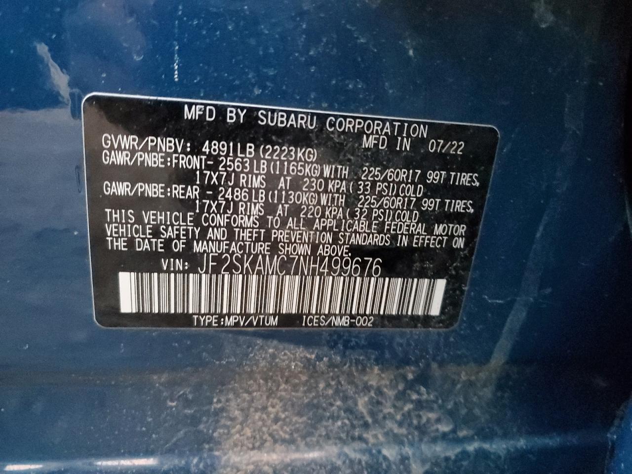 2022 SUBARU FORESTER WILDERNESS VIN:JF2SKAMC7NH499676