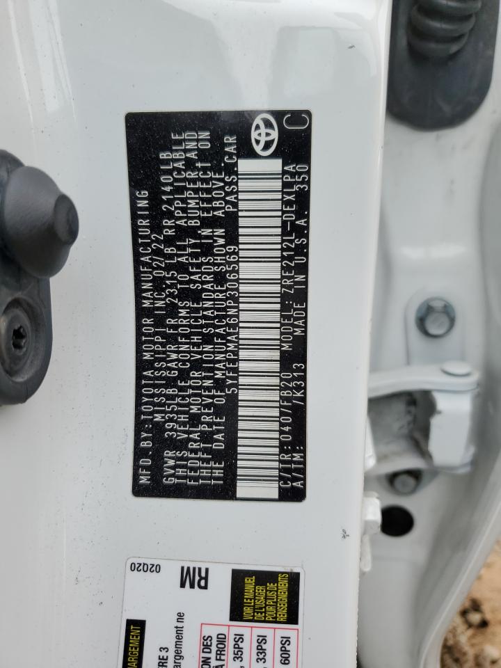 2022 TOYOTA COROLLA LE VIN:5YFEPMAE6NP306569