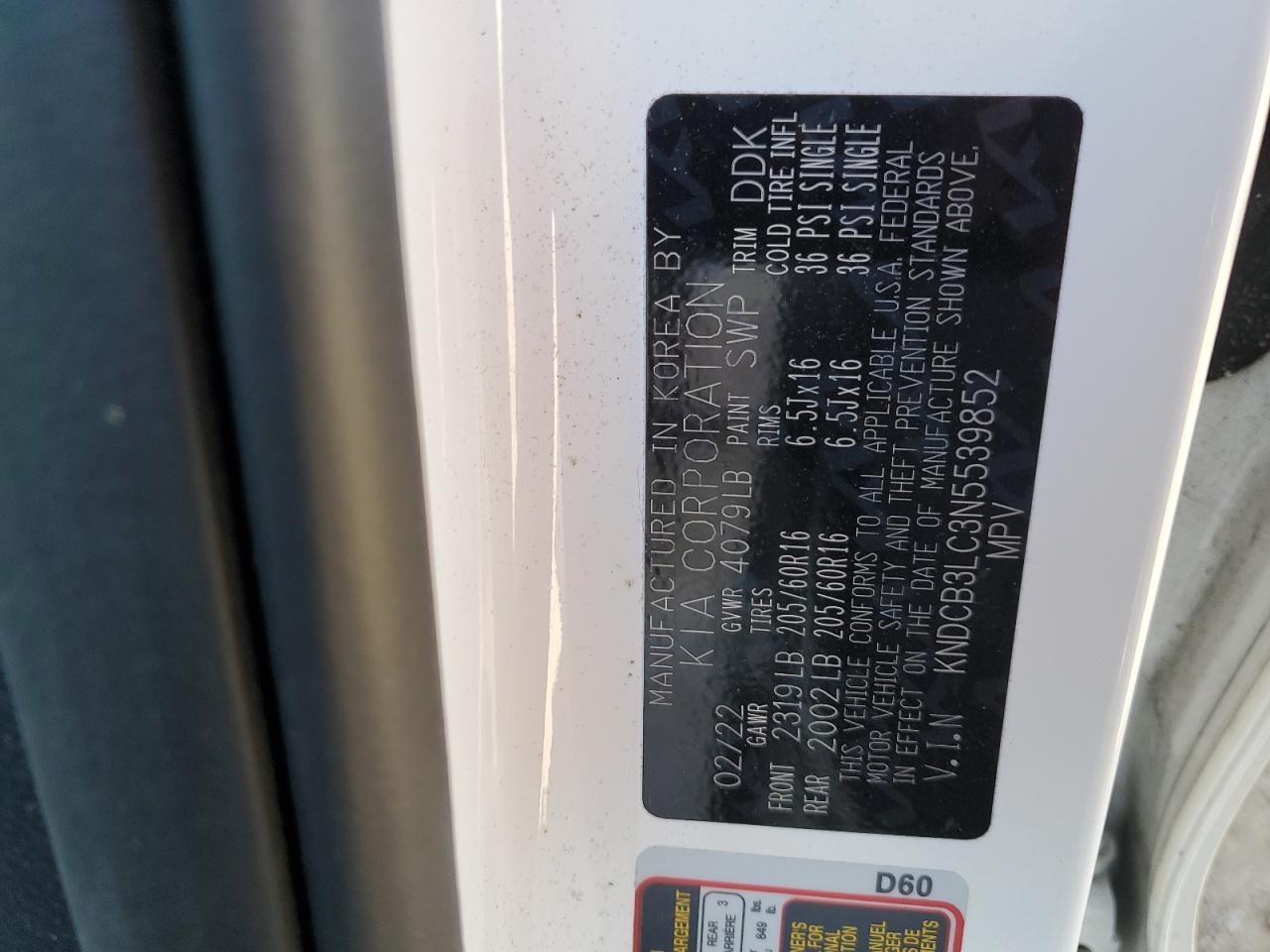 2022 KIA NIRO LX VIN:KNDCB3LC3N5539852