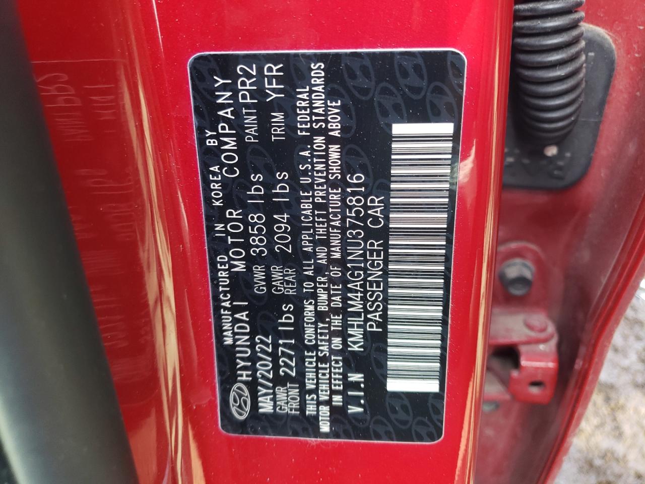 2022 HYUNDAI ELANTRA SEL VIN:KMHLM4AG1NU375816