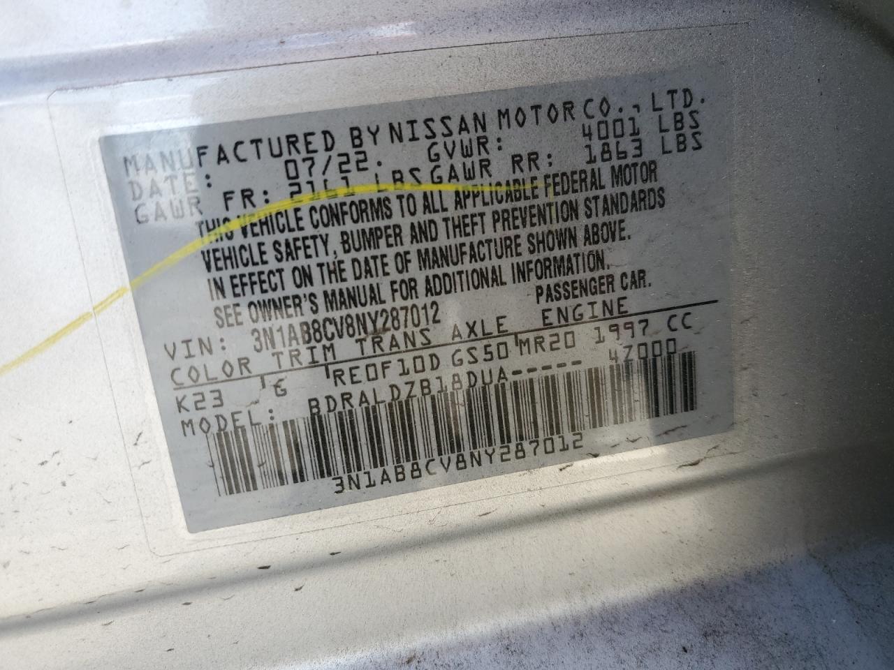 2022 NISSAN SENTRA SV VIN:3N1AB8CV8NY287012