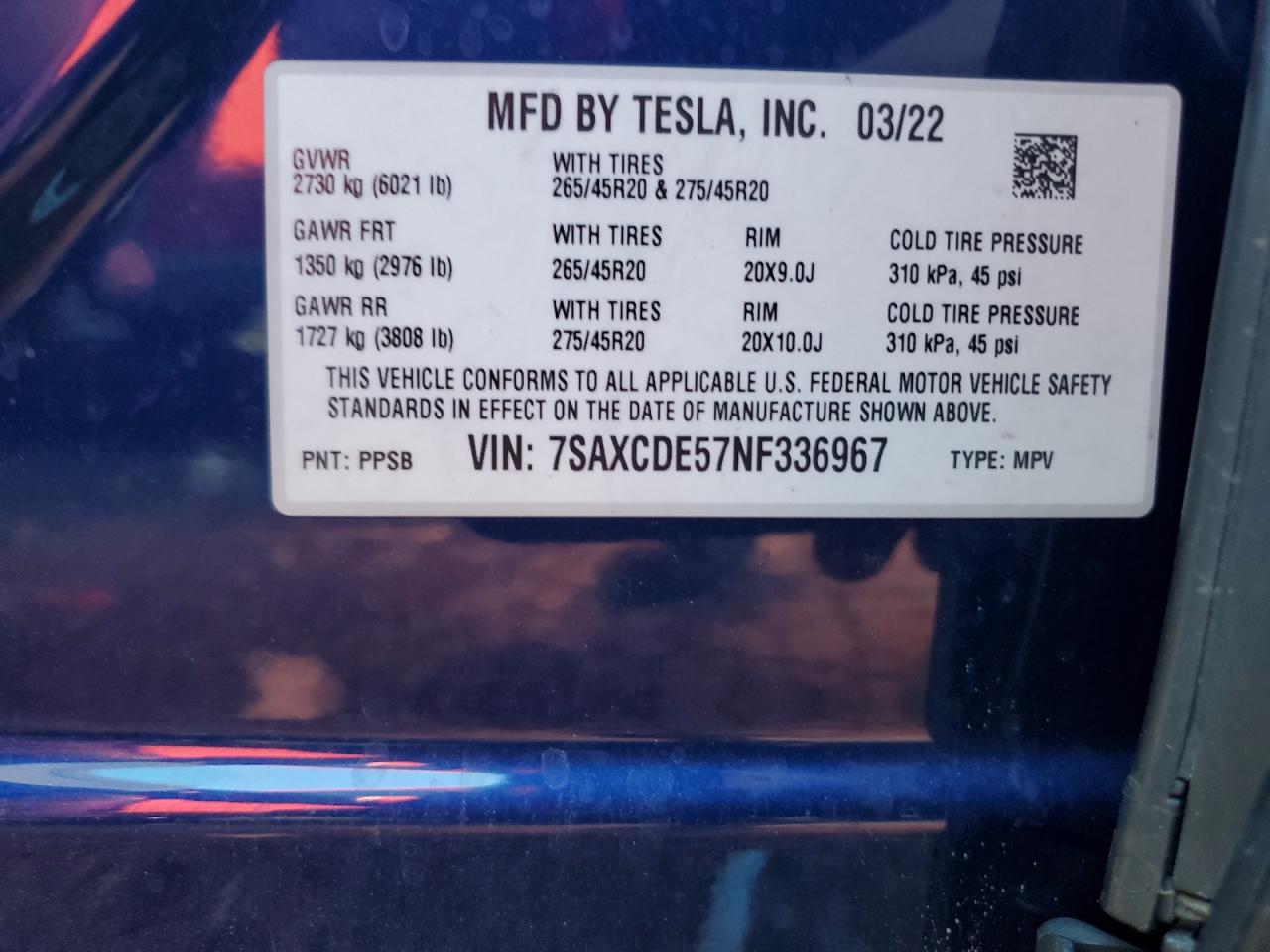 2022 TESLA MODEL X  VIN:7SAXCDE57NF336967