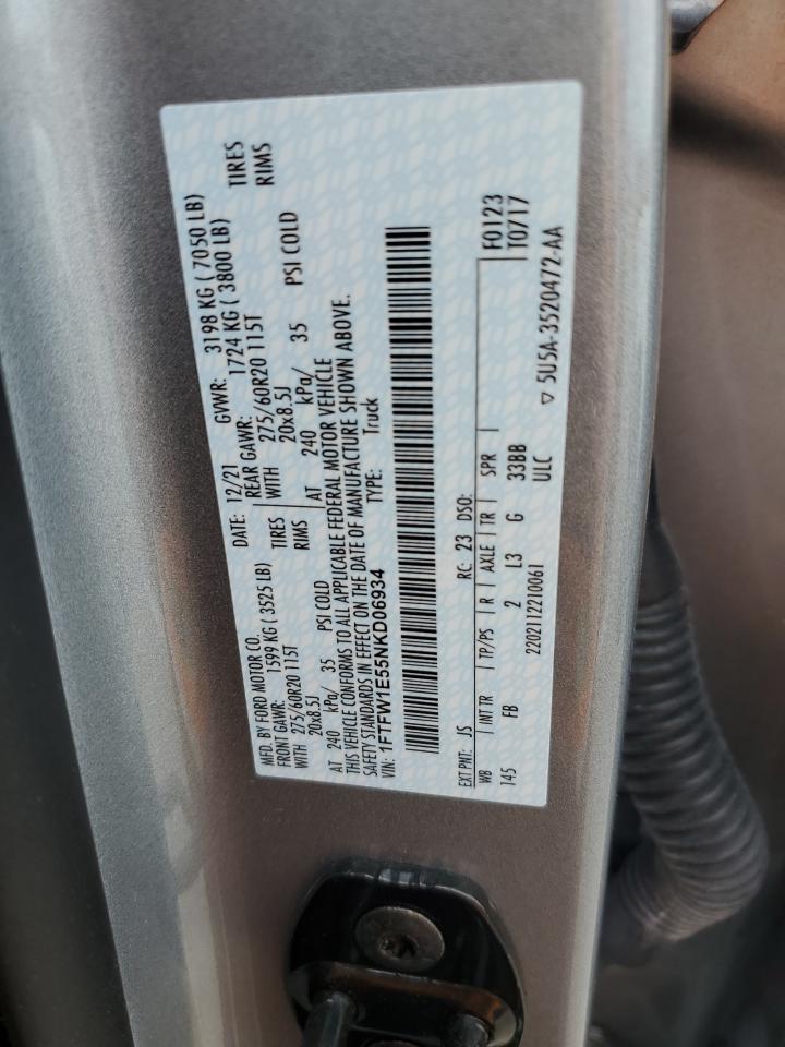 2022 FORD F150 SUPERCREW VIN:1FTFW1E55NKD06934