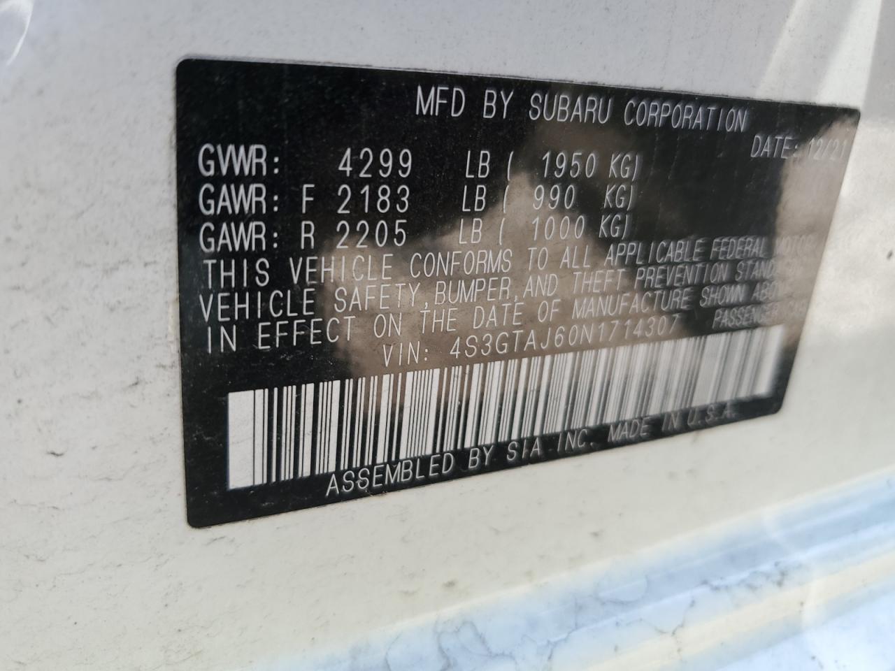 2022 SUBARU IMPREZA SPORT VIN:4S3GTAJ60N1714307