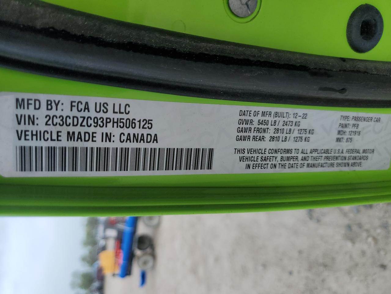 2023 DODGE CHALLENGER SRT HELLCAT VIN:2C3CDZC93PH506125