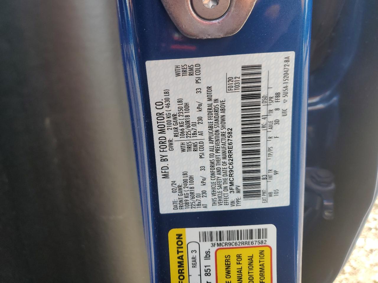 2024 FORD BRONCO SPORT OUTER BANKS VIN:3FMCR9C62RRE67582