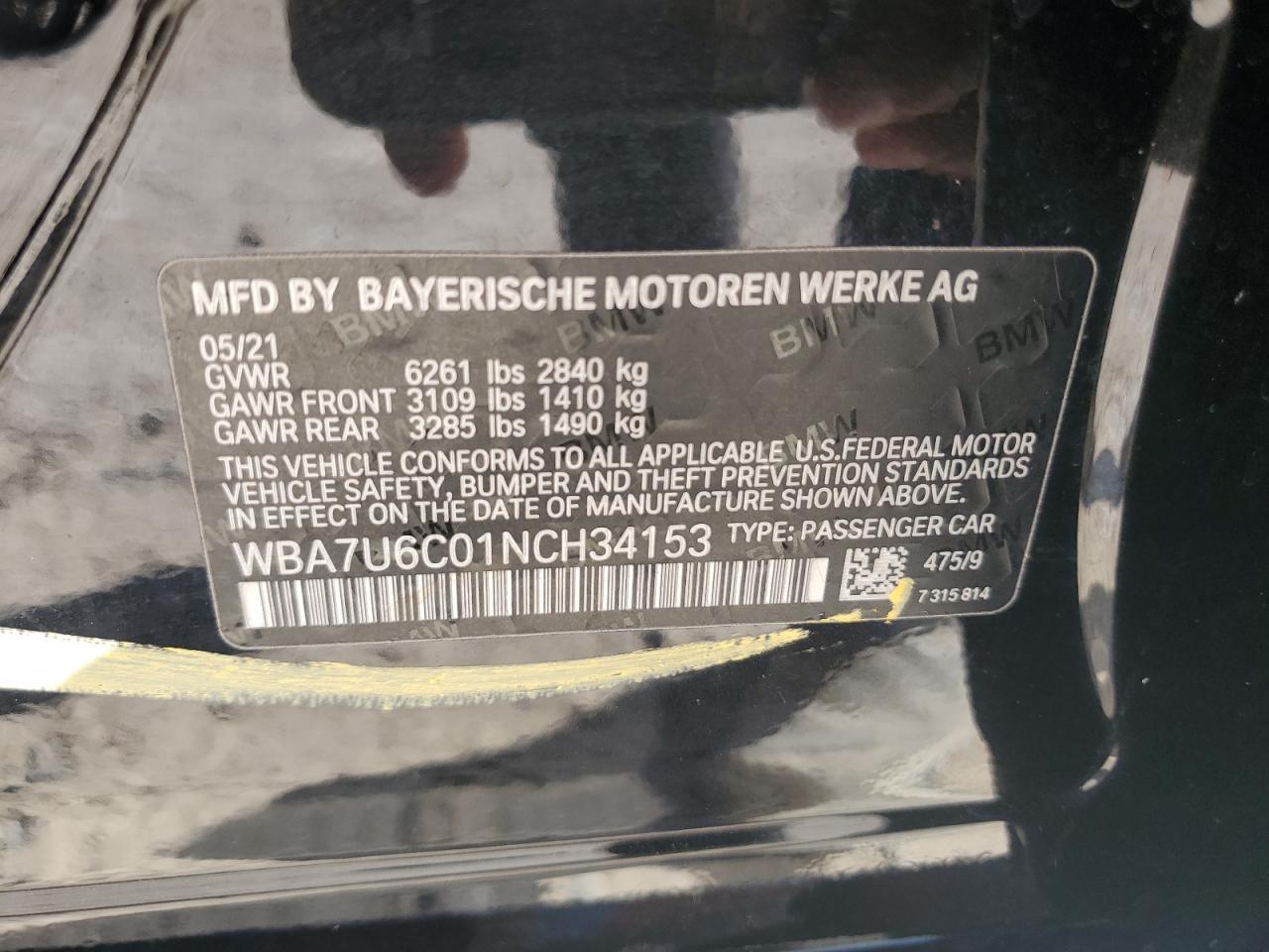 2022 BMW M760 XI VIN:WBA7U6C01NCH34153