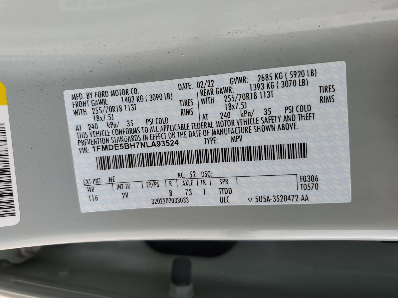 2022 FORD BRONCO BASE VIN:1FMDE5BH7NLA93524